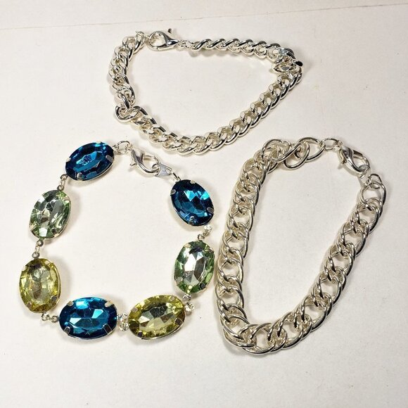 Set of 3 Silver Tone Bangle Bracelets Colorful Crystal Design - Women's Jewelry - Picture 3 of 6